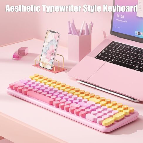 Typewriter Keyboard Wireless 2.4GHz Rechargeable Membrane Gaming Keyboard Linear Mechanical-Feel Switch Compact 106-Key with Numpad Retro Round Keycaps Ergonomic for Win/Mac, Purple in Saudi Arabia