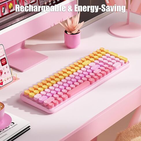 Typewriter Keyboard Wireless 2.4GHz Rechargeable Membrane Gaming Keyboard Linear Mechanical-Feel Switch Compact 106-Key with Numpad Retro Round Keycaps Ergonomic for Win/Mac, Purple in Saudi Arabia