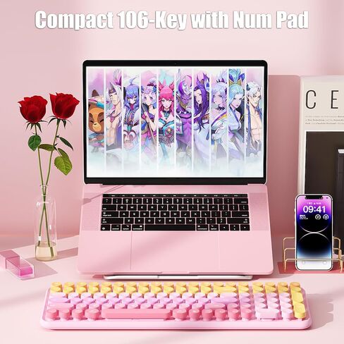 Typewriter Keyboard Wireless 2.4GHz Rechargeable Membrane Gaming Keyboard Linear Mechanical-Feel Switch Compact 106-Key with Numpad Retro Round Keycaps Ergonomic for Win/Mac, Purple in Saudi Arabia