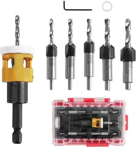 Kodilin 5PCS Countersink Drill Bit Set with Low Friction Depth Stop & Replaceable HSS M2 Drill Bit, Counter Sink Drill Bit for Wood, Plastic, Woodworking, with 1/4" Quick Change Hex Shank & Case in Saudi Arabia