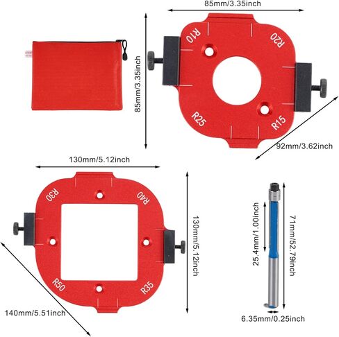 2 Pcs Router Corner Radius Template Router Radius Jig Aluminum Alloy Router Templates R10-R50 Use for Woodworking Router Corner Jigs with Router Table with Trimming Cutter and Storage Bag (Red) in Kuwait
