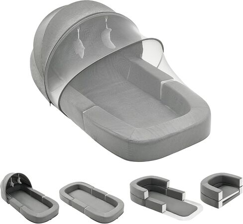 Baby Travel Bassinet Bed & Chair, Fold Out Sofa Couch Lounger with 2-1 Mosquito & Canopy, Foldable Portable Travel Cot with Foam Raised Safety Bumpers for Infant Toddlers (Grey) in Saudi Arabia