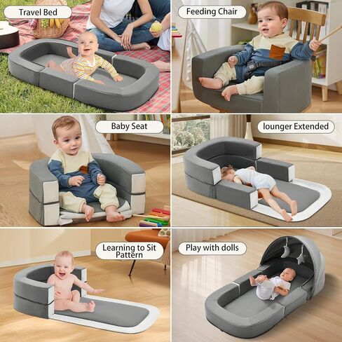 Baby Travel Bassinet Bed & Chair, Fold Out Sofa Couch Lounger with 2-1 Mosquito & Canopy, Foldable Portable Travel Cot with Foam Raised Safety Bumpers for Infant Toddlers (Grey) in Saudi Arabia
