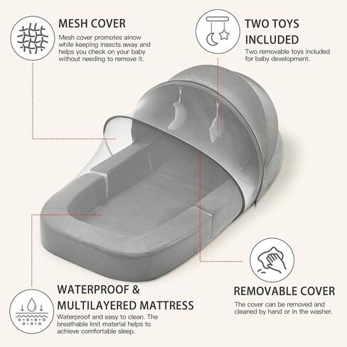 Baby Travel Bassinet Bed & Chair, Fold Out Sofa Couch Lounger with 2-1 Mosquito & Canopy, Foldable Portable Travel Cot with Foam Raised Safety Bumpers for Infant Toddlers (Grey) in Saudi Arabia