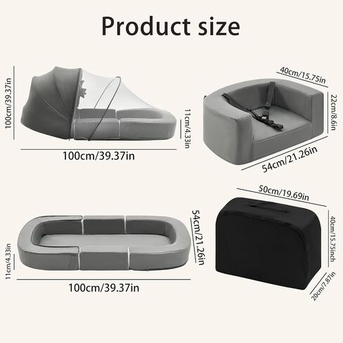 Baby Travel Bassinet Bed & Chair, Fold Out Sofa Couch Lounger with 2-1 Mosquito & Canopy, Foldable Portable Travel Cot with Foam Raised Safety Bumpers for Infant Toddlers (Grey) in Saudi Arabia