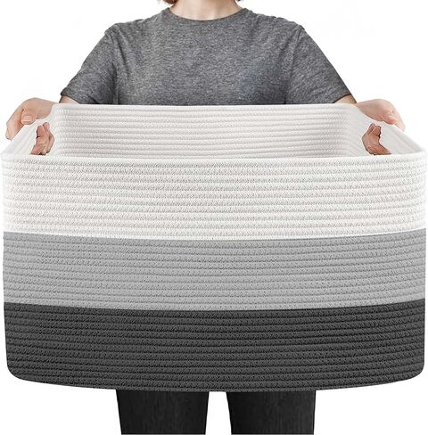 Extra Large Blanket Basket, 23.6" x 15.7" x 14.1" Woven Blanket Storage for Living Room, Wicker Throw Pillow Shoe Holder Bin, Big Kids Dog Toy Organizer, Cotton Rope Baskets for Organizing in Kuwait