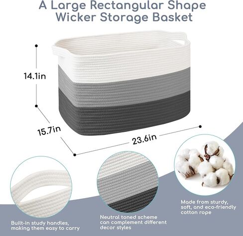 Extra Large Blanket Basket, 23.6" x 15.7" x 14.1" Woven Blanket Storage for Living Room, Wicker Throw Pillow Shoe Holder Bin, Big Kids Dog Toy Organizer, Cotton Rope Baskets for Organizing in Kuwait