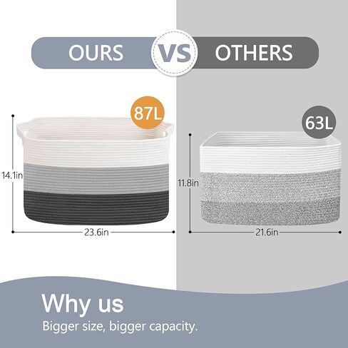 Extra Large Blanket Basket, 23.6" x 15.7" x 14.1" Woven Blanket Storage for Living Room, Wicker Throw Pillow Shoe Holder Bin, Big Kids Dog Toy Organizer, Cotton Rope Baskets for Organizing in Kuwait