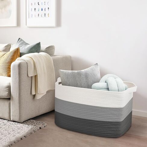 Extra Large Blanket Basket, 23.6" x 15.7" x 14.1" Woven Blanket Storage for Living Room, Wicker Throw Pillow Shoe Holder Bin, Big Kids Dog Toy Organizer, Cotton Rope Baskets for Organizing in Kuwait