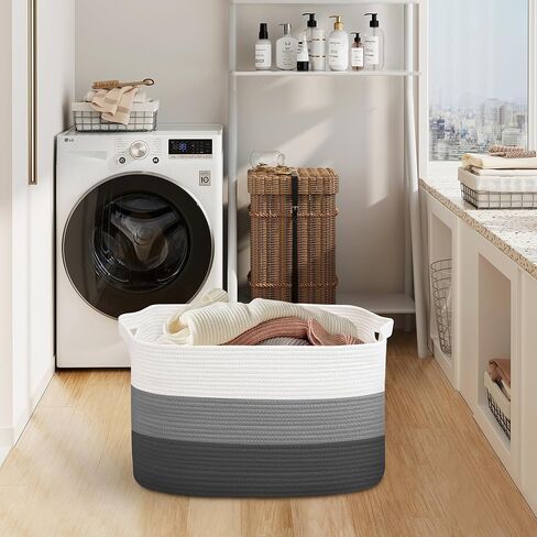 Extra Large Blanket Basket, 23.6" x 15.7" x 14.1" Woven Blanket Storage for Living Room, Wicker Throw Pillow Shoe Holder Bin, Big Kids Dog Toy Organizer, Cotton Rope Baskets for Organizing in Kuwait