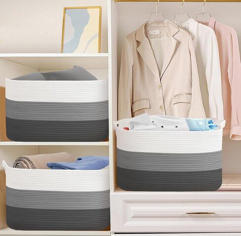 Extra Large Blanket Basket, 23.6" x 15.7" x 14.1" Woven Blanket Storage for Living Room, Wicker Throw Pillow Shoe Holder Bin, Big Kids Dog Toy Organizer, Cotton Rope Baskets for Organizing in Kuwait