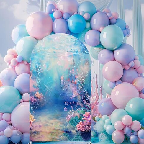 Underwater Castle Arches Backdrop Cover - Stretchy Fabric Covers for Mermaid Theme Party, Ocean Birthday Decorations, and Event Photo Booth Backgrounds (6 * 2.6ft,GX-2969) in Kuwait