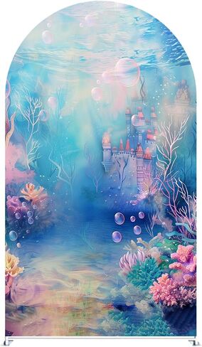 Underwater Castle Arches Backdrop Cover - Stretchy Fabric Covers for Mermaid Theme Party, Ocean Birthday Decorations, and Event Photo Booth Backgrounds (6 * 2.6ft,GX-2969) in Kuwait