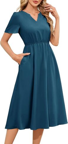 Meetjen Women's Casual Dresses V Neck Short Sleeve Wedding Guest 2025 Elegant Midi A Line Summer Dress with Pockets in Saudi Arabia