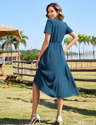 Meetjen Women's Casual Dresses V Neck Short Sleeve Wedding Guest 2025 Elegant Midi A Line Summer Dress with Pockets in Saudi Arabia