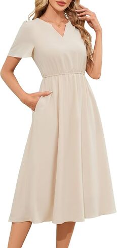 Meetjen Women's Casual Dresses V Neck Short Sleeve Wedding Guest 2025 Elegant Midi A Line Summer Dress with Pockets in Saudi Arabia