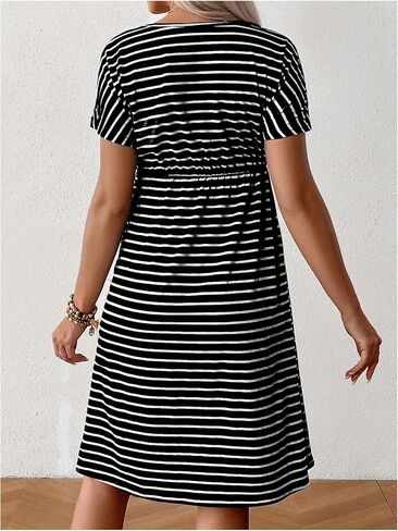 SHENHE Women's Maternity Striped Short Sleeve Drawstring Waist Knee Length Tshirt Dress in Saudi Arabia
