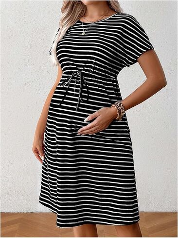 SHENHE Women's Maternity Striped Short Sleeve Drawstring Waist Knee Length Tshirt Dress in Saudi Arabia