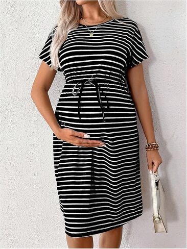 SHENHE Women's Maternity Striped Short Sleeve Drawstring Waist Knee Length Tshirt Dress in Saudi Arabia