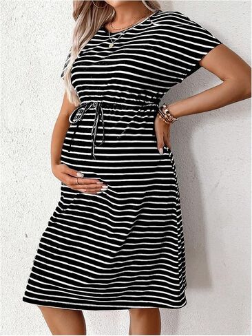 SHENHE Women's Maternity Striped Short Sleeve Drawstring Waist Knee Length Tshirt Dress in Saudi Arabia
