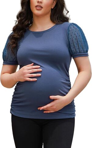Bhome Maternity Puff Sleeve Summer Tops Crew Neck Swiss Dot Lace Shirts in Saudi Arabia
