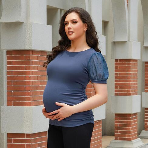 Bhome Maternity Puff Sleeve Summer Tops Crew Neck Swiss Dot Lace Shirts in Saudi Arabia