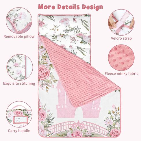 TANOFAR Toddler Nap Mat with Pillow and Plush Blanket, Ultra Soft Toddler Sleeping Mat for Boys Girls, Thickened Extra Large Kids Nap Mat Fits Ages 2-6 Years (Pink Castle) in Saudi Arabia