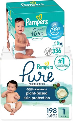 Pampers الحماية النقية التي يمكن التخلص منها حفاضات الطفل الحجم 1 ، 198 عدد مع مناديل Aqua Pure Baby ، حزم البوب ​​6x (336 عدد) in Kuwait