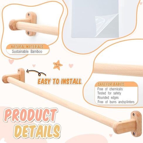 Juexica Montessori Mirror with Bar, Wooden Baby Pull up Bar Safety Mirror Set Infant Coordination Baby Standing Early Learning to Walk Mirror Wall Mounted Climbing Toy for Daycare(15.75 x 19.69 Inch) in Saudi Arabia
