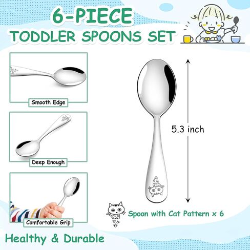E-far Toddler Utensils, 6-Piece Stainless Steel Little Kid Spoons Set, Metal Small Spoons for Self-Feeding, Children Safe & Rounded Edges, Non-toxic & Dishwasher Safe in Saudi Arabia
