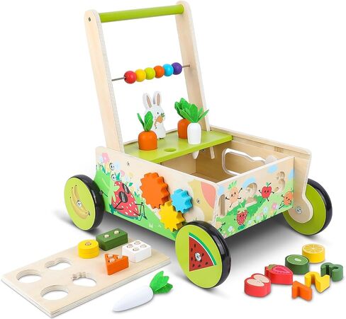 Wooden Baby Walker with Wheels,Toddler Push and Pull Walker Montessori Multiple Activity Center with Shape Sorting Grocery Toy and Puzzles Push Cart for Boys Girls 6-12 Months 1 2 3 Years Old (Fruit) in Saudi Arabia