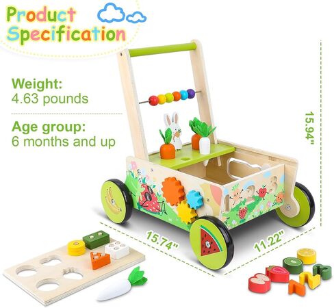 Wooden Baby Walker with Wheels,Toddler Push and Pull Walker Montessori Multiple Activity Center with Shape Sorting Grocery Toy and Puzzles Push Cart for Boys Girls 6-12 Months 1 2 3 Years Old (Fruit) in Saudi Arabia