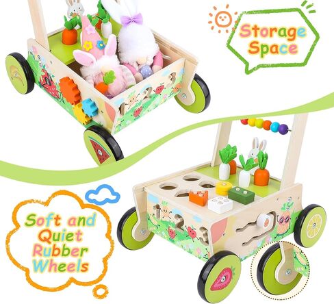 Wooden Baby Walker with Wheels,Toddler Push and Pull Walker Montessori Multiple Activity Center with Shape Sorting Grocery Toy and Puzzles Push Cart for Boys Girls 6-12 Months 1 2 3 Years Old (Fruit) in Saudi Arabia