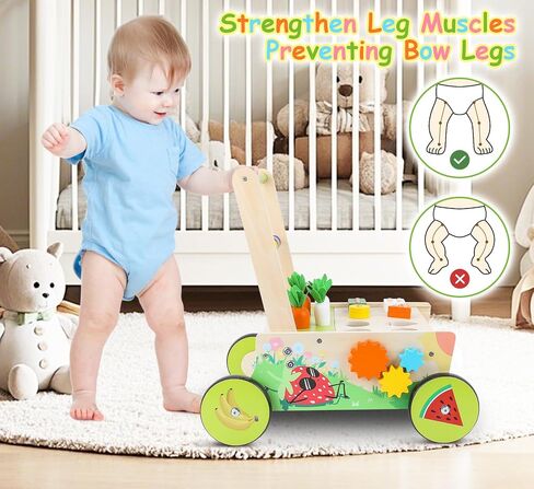 Wooden Baby Walker with Wheels,Toddler Push and Pull Walker Montessori Multiple Activity Center with Shape Sorting Grocery Toy and Puzzles Push Cart for Boys Girls 6-12 Months 1 2 3 Years Old (Fruit) in Saudi Arabia