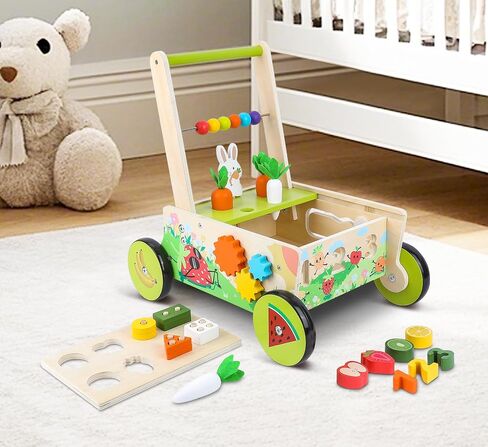 Wooden Baby Walker with Wheels,Toddler Push and Pull Walker Montessori Multiple Activity Center with Shape Sorting Grocery Toy and Puzzles Push Cart for Boys Girls 6-12 Months 1 2 3 Years Old (Fruit) in Saudi Arabia