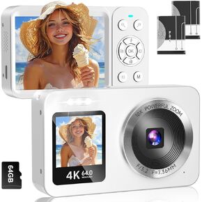 Digital Camera, 4K 64MP UHD Dual Screens Camera, 18X Zoom, Portable Small Point and Shoot Digital Cameras with 64GB TF Card, 2 Rechargeable Batteries for Kids, Teens, Adult, Selfies, Gifts- White
