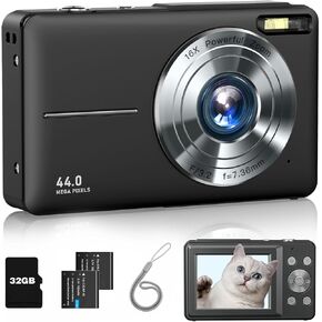 Digital Camera, FHD 1080P Camera, Point and Shoot Camera with 16X Zoom Anti Shake, Compact Small Portable for Boy Girls(Deep Black)