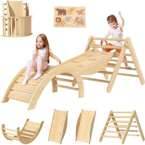 Pikler Triangle Set, Wooden Montessori Toddler Climbing Toys Indoor, Foldable Baby Climbing Toys for Toddlers 1-3 Inside, Indoor Jungle Gym for Kids (Natural)