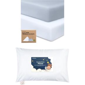 KeaBbaies 2-Pack Waterproof Crib Sheets and Toddler Pillow with Pillowcase - Cotton 52X28 Neutral Fitted Crib Protector Sheets - 13X18 Soft Cotton Toddler Pillows for Sleeping
