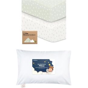 Keababies Waterproof Crib Sheets for Boys, Girls and Toddler Pillow with Pillowcase - 2-Pack Fitted Crib Sheet, Waterproof Crib Mattress Protector - 13X18 Soft Cotton Toddler Pillows for Sleeping
