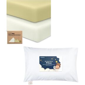 KeaBabies 2-Pack Pack and Play Sheets and Toddler Pillow with Pillowcase - Waterproof Mini Crib Sheets Fitted for Graco Pack and Play Mattress - 13X18 Soft Cotton Toddler Pillows for Sleeping