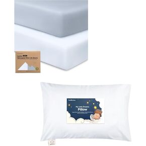KeaBabies 2-Pack Pack and Play Sheets and Toddler Pillow with Pillowcase - Waterproof Mini Crib Sheets Fitted for Graco Pack and Play Mattress - 13X18 Soft Cotton Toddler Pillows for Sleeping