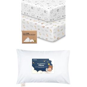 KeaBabies 2-Pack Pack and Play Sheets and Toddler Pillow with Pillowcase - Waterproof Mini Crib Sheets Fitted for Graco Pack and Play Mattress - 13X18 Soft Cotton Toddler Pillows for Sleeping
