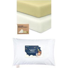 KeaBbaies 2-Pack Waterproof Crib Sheets and Toddler Pillow with Pillowcase - Cotton 52X28 Neutral Fitted Crib Protector Sheets - 13X18 Soft Cotton Toddler Pillows for Sleeping