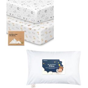 Keababies Pack and Play Sheets Fitted, 2-Pack Mini Crib Sheets and Toddler Pillow with Pillowcase - Fitted Crib Sheet for Pack and Play Mattress - 13X18 Soft Cotton Toddler Pillows for Sleeping