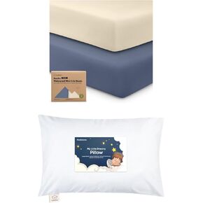 KeaBabies 2-Pack Pack and Play Sheets and Toddler Pillow with Pillowcase - Waterproof Mini Crib Sheets Fitted for Graco Pack and Play Mattress - 13X18 Soft Cotton Toddler Pillows for Sleeping