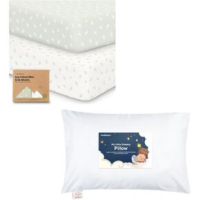 Keababies Pack and Play Sheets Fitted, 2-Pack Mini Crib Sheets and Toddler Pillow with Pillowcase - Fitted Crib Sheet for Pack and Play Mattress - 13X18 Soft Cotton Toddler Pillows for Sleeping