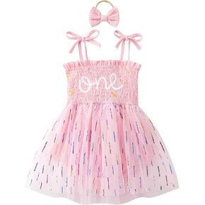 Baby Girl First Birthday Outfit Summer Sleeveless Smocked Fairy Berry One Romper Tulle Dress + Headband