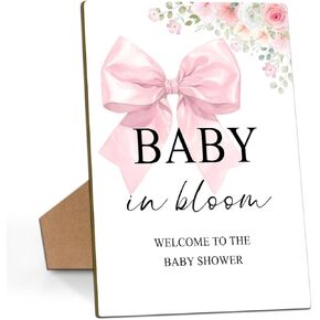 Baby In Bloom Welcome Sign, Pink Bow Baby Shower Signs, 8x11 Wooden Sign with Stand, Floral Baby Shower Welcome Sign, Gender Neutral Baby Shower Sign, Baby Shower Decorations -11