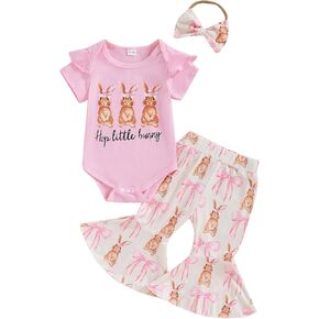 Newborn Baby Girl Easter Outfit Short Sleeve Letter Romper T-shirt Easter Bunny Flare Pants Summer Clothes Set